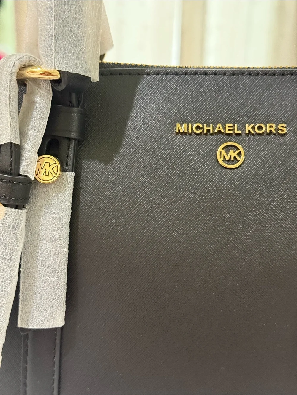 New Michael Kors Black Saffiano Tote with Gold Logo Charm
